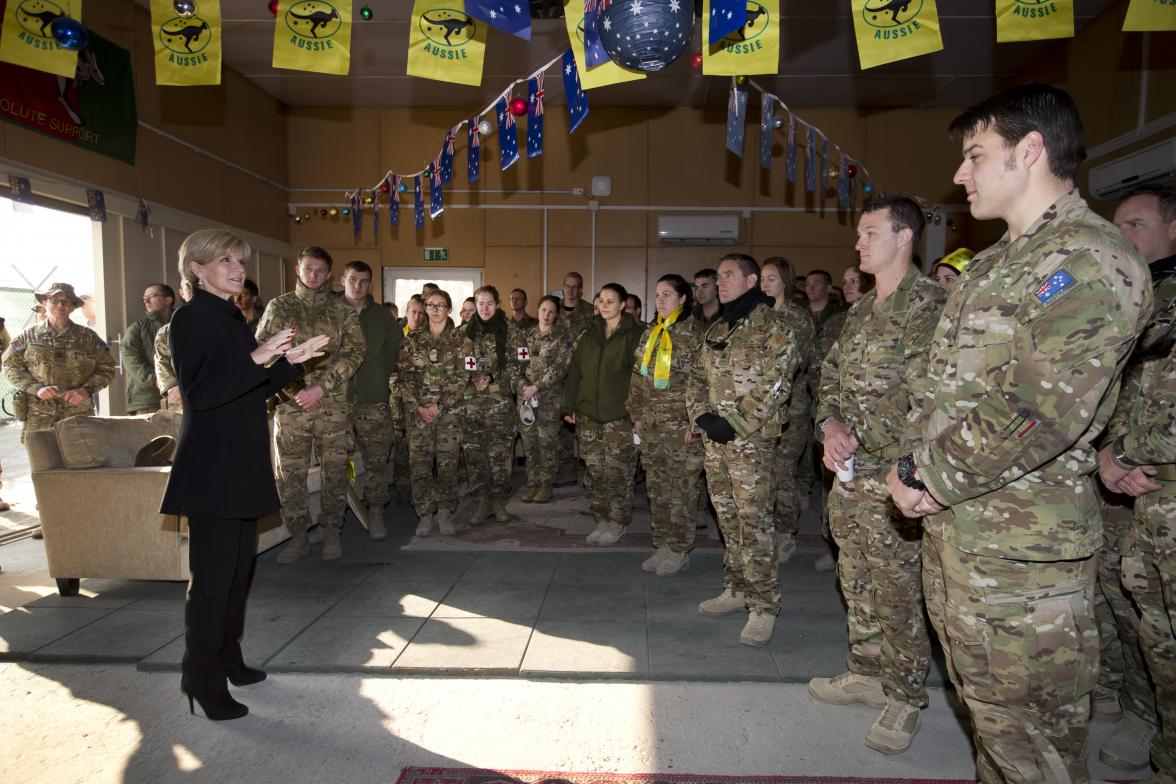 Foreign Minister Julie Bishop speaks to members of Joint Task Force 636 on Australia Day, 26 January 2015