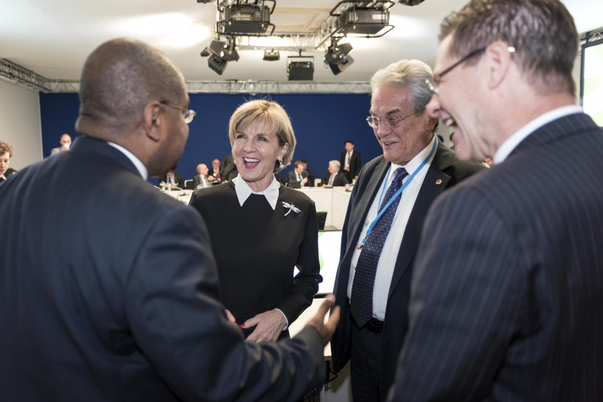 Minister Bishop and Marshall Islands Foreign Minister Tony de Brum at COP21 on Tuesday 8 December in Paris, France