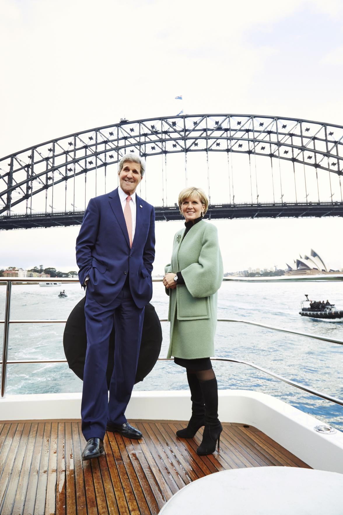 Minister for Foreign Affairs, Julie Bishop and United States Secretary of State, John Kerry travelling to the opening of the Australia-United States Ministerial Consultations (AUSMIN) 2014 at Admiralty House in Sydney. 12 August 2014.