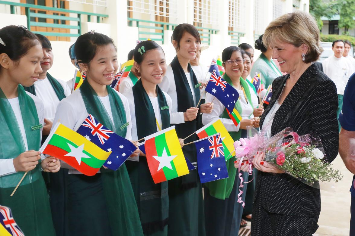 Foreign Minister Bishop meeting with school children in Burma. 8 July 2014. Photo: Bart Verweij