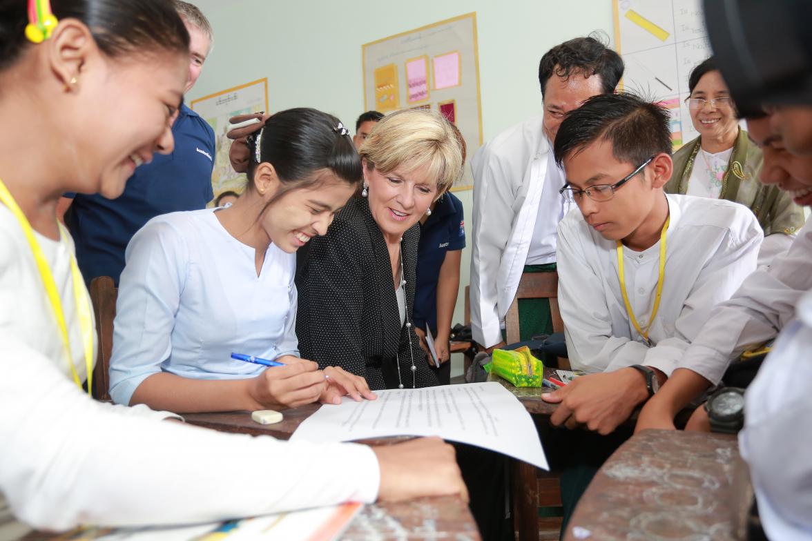 Foreign Minister Bishop meeting with school children in Burma. 8 July 2014. Photo: Bart Verweij