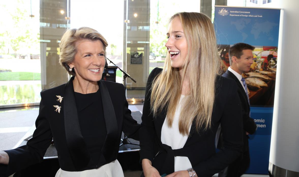 Cricket and football international player Ellyse Perry with Foreign Minister Bishop. 3 March 2014.