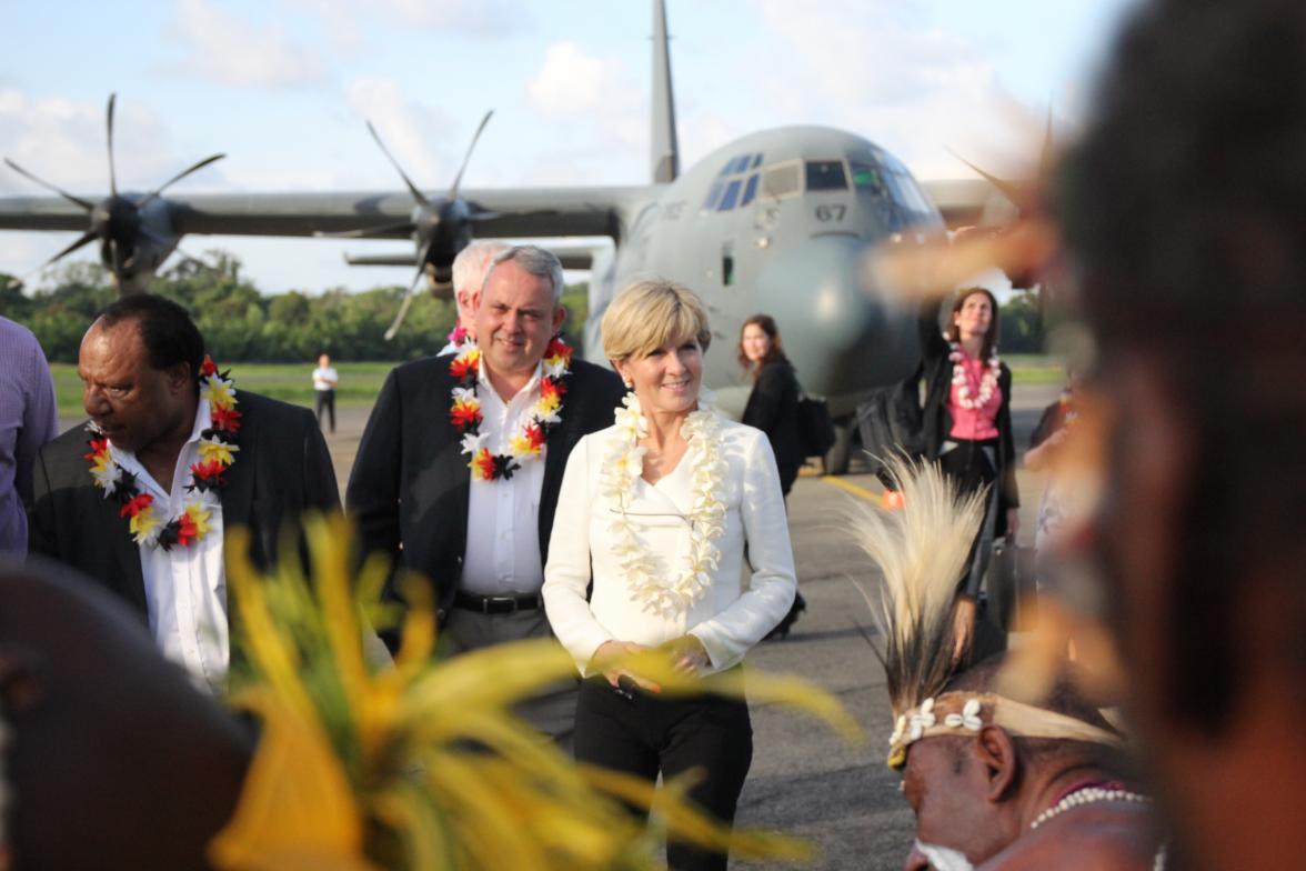 Minister for Foreign Affairs Julie Bishop, Papua New Guinea Minister for National Events, Sport and APEC, Justin Tkatchenko, Minister for Foreign Affairs and Immigration Rimbink Pato, upon arrival in Madang ahead of the 25th Papua New Guinea-Australia Min