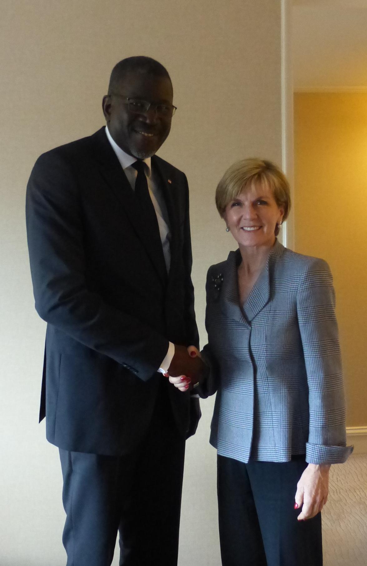 Australia's Foreign Minister Julie Bishop meets Elhadj As Sy, Secretary General of the International Federation of the Red Cross and Red Crescent Societies in Auckland. 30 June 2015.