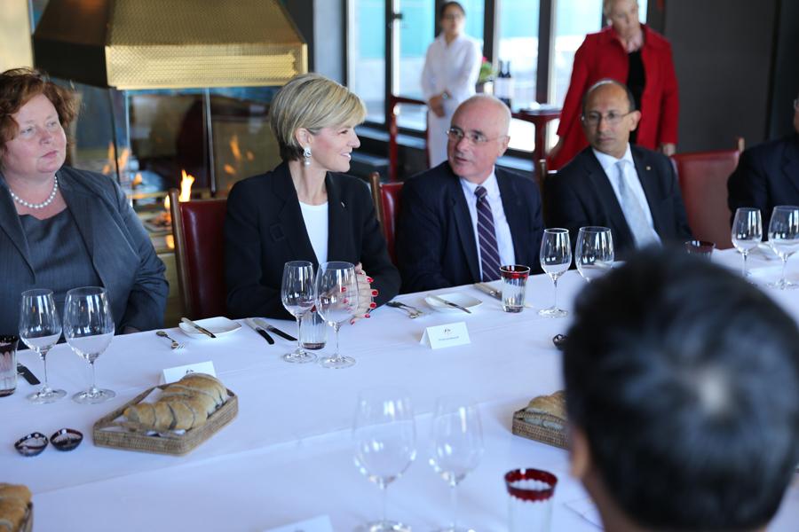 Minister Bishop at a business lunch with AustCham Beijing chair Tracy Colgan left and AustCham Shanghai chair Peter Arkell right