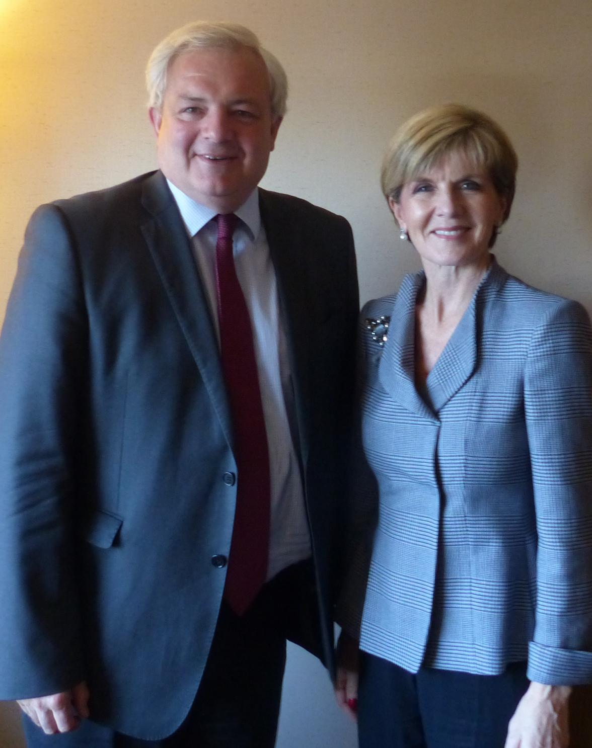 Australia's Foreign Minister Julie Bishop meets Mr Stephen O'Brien, Emergency Relief Coordinator, United Nations Office for the Coordination of Humanitarian Affairs in Auckland. 30 June 2015.