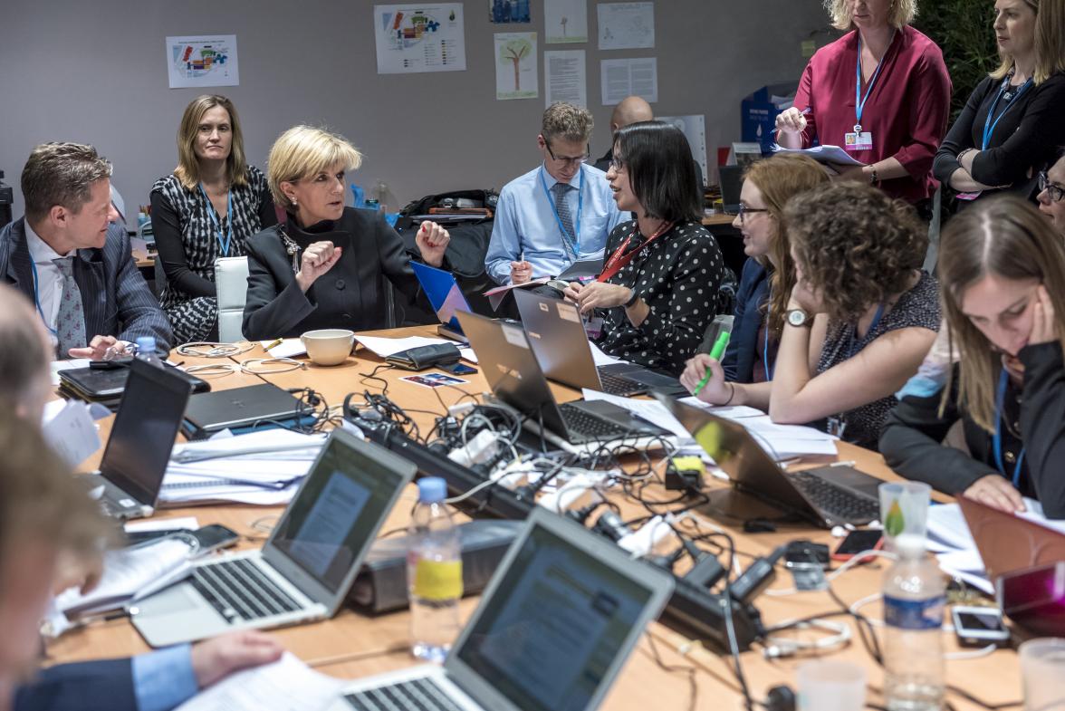 Minister Bishop in a meeting with the Australian delegation on the final day at COP21 on Saturday 12 December, 2015