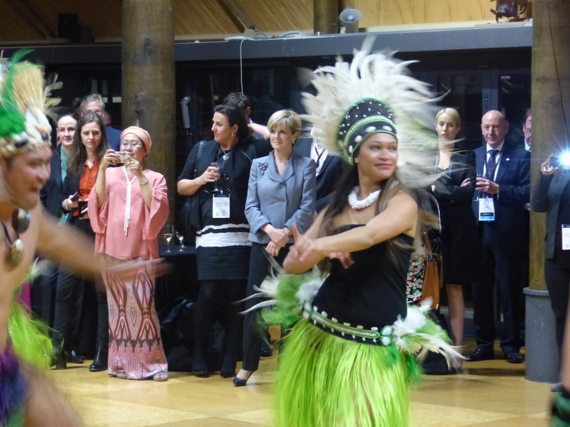 Australia's Foreign Minister Julie Bishop watches Cook Islands dancers during a reception for the World Humanitarian Summit Pacific Regional Consultation in Auckland. 30 June 2015.