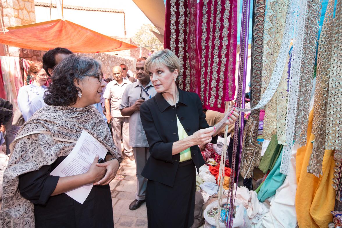 13 April 2015, New Delhi, India;  The Hon. Julie Bishop, Australian Minister for Foreign Affairs walks through Nizamuddin Basti with staff and beneficiaries from the Aga Khan Foundation to announce funding initiatives for Urban Renewal programs