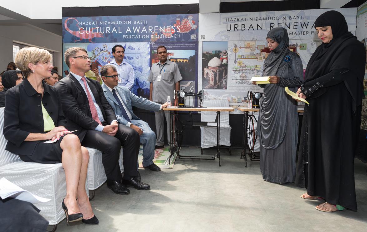 13 April 2015, New Delhi, India;  The Hon. Julie Bishop, Australian Minister for Foreign Affairs meeting with staff and beneficiaries from the Aga Khan Foundation to announce funding initiatives for Urban Renewal programs run by women's groups in New Delh