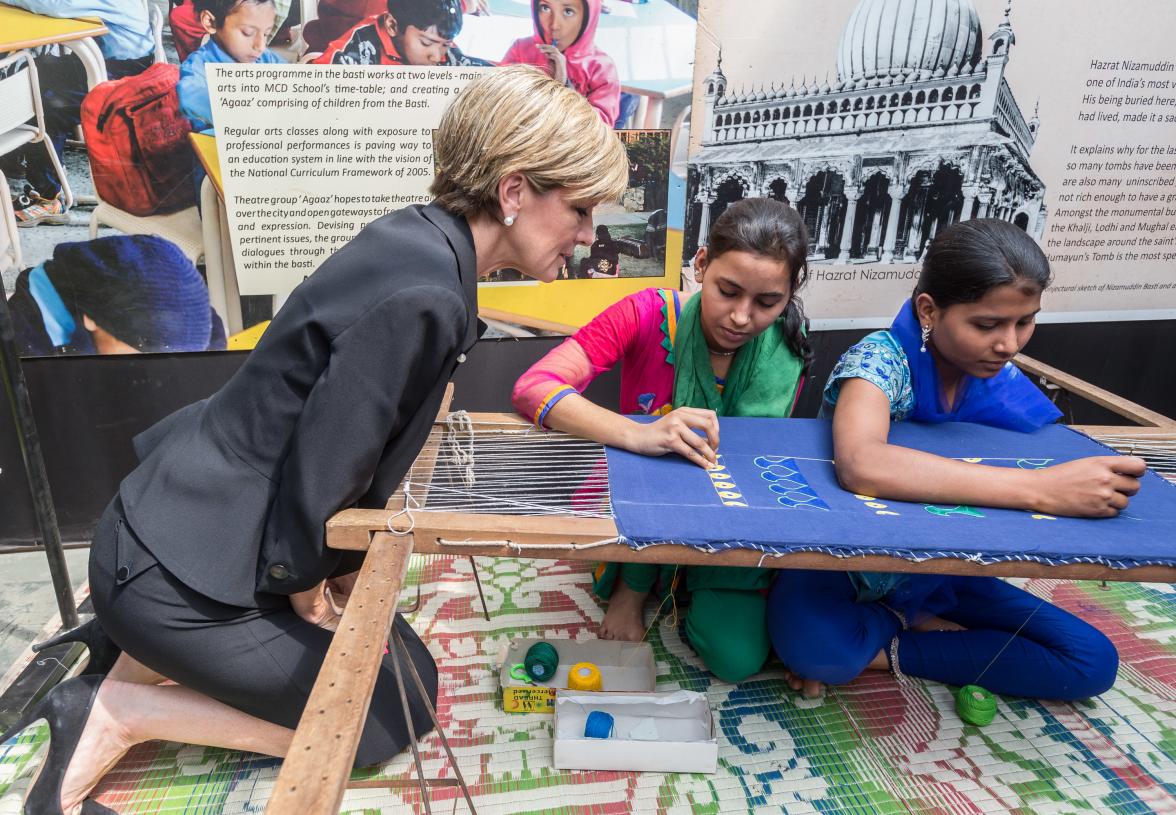 13 April 2015, New Delhi, India;  The Hon. Julie Bishop, Australian Minister for Foreign Affairs meeting with staff and beneficiaries from the Aga Khan Foundation to announce funding initiatives for Urban Renewal programs run by women's groups in New Delh