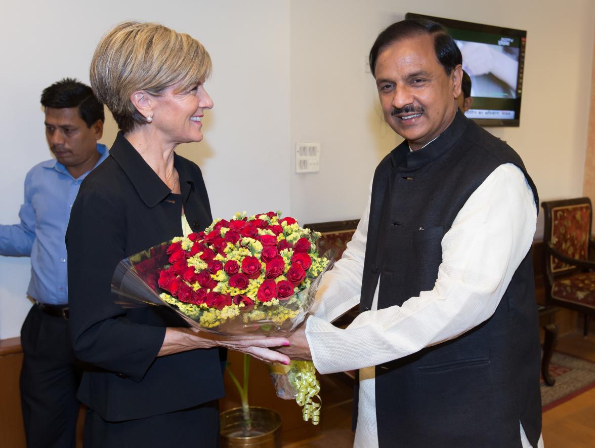 13 April 2015,New Delhi, India;  The Hon. Julie Bishop, Australian Minister for Foreign Affairs meeting with Dr. Mahesh Sharma, Indian Minister for Culture, Tourism and Civil Aviation during her visit to India to promote trade and investment opportunities