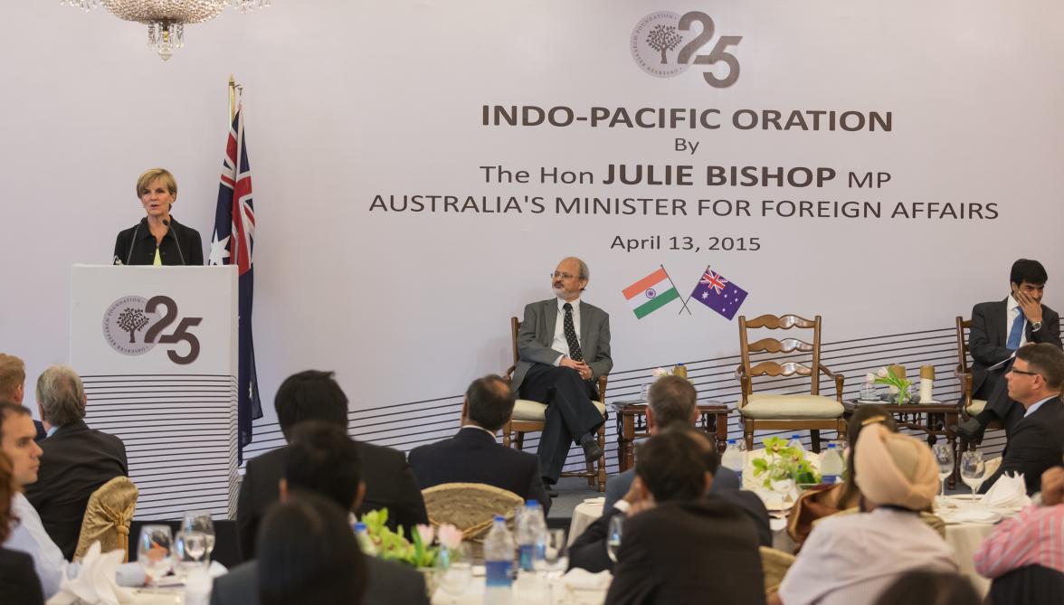 13 April 2015, New Delhi, India;  The Hon. Julie Bishop, Australian Minister for Foreign Affairs making a speech at the Indo - Pacific Oration during her visit to India to promote trade and investment opportunities for Australia.