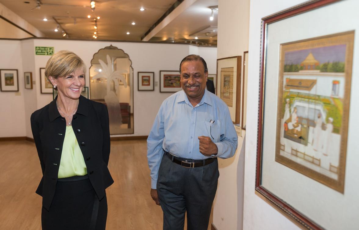 13 April 2015, New Delhi, India;  The Hon. Julie Bishop, Australian Minister for Foreign Affairs arrives for a viewing of Ramayana miniatures that will form part of a future Australian exhibition and is greeted by Dr Vijay Kumar Mathur