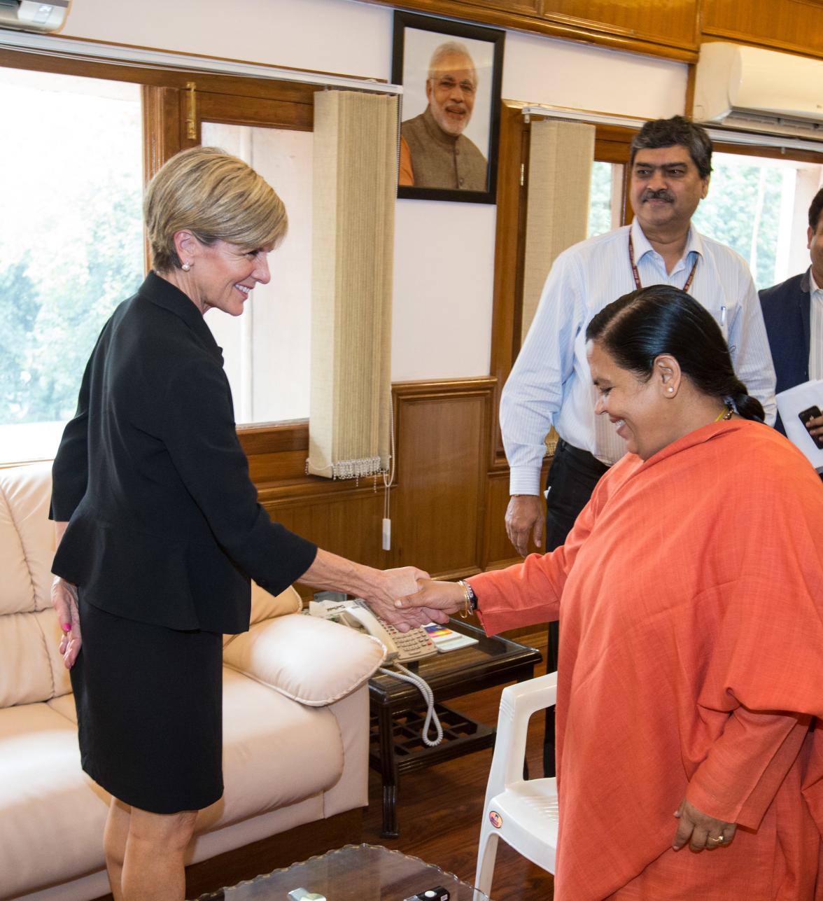 13 April 2015, New Delhi, India;  The Hon. Julie Bishop, Australian Minister for Foreign Affairs meeting with Water Resources Minister Uma  Bharti  during her visit to India to promote trade and investment opportunities for Australia.