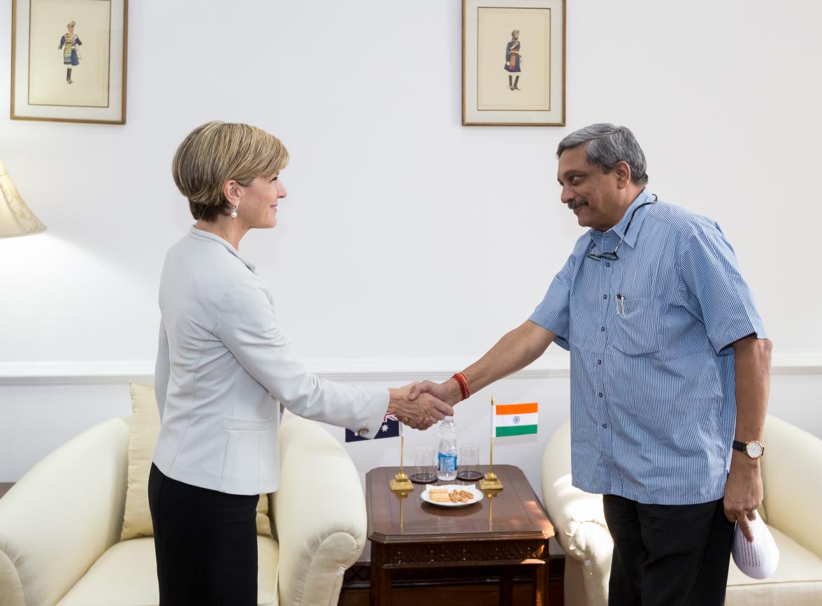 14 April 2015, New Delhi, India;  The Hon. Julie Bishop, Australian Minister for Foreign Affairs meeting with with Minister of Defence, Mr Manohar Parrikar during her visit to India to promote trade and investment opportunities for Australia. Picture by G