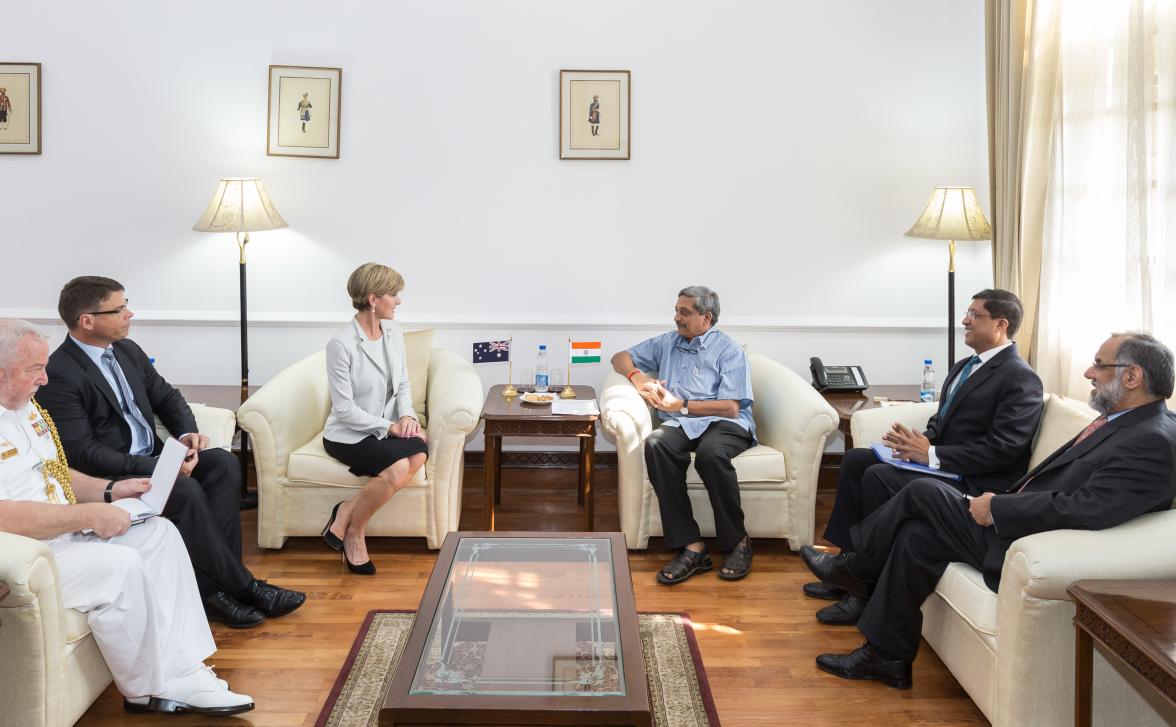 14 April 2015, New Delhi, India;  The Hon. Julie Bishop, Australian Minister for Foreign Affairs meeting with with Minister of Defence, Mr Manohar Parrikar during her visit to India to promote trade and investment opportunities for Australia. Picture by G