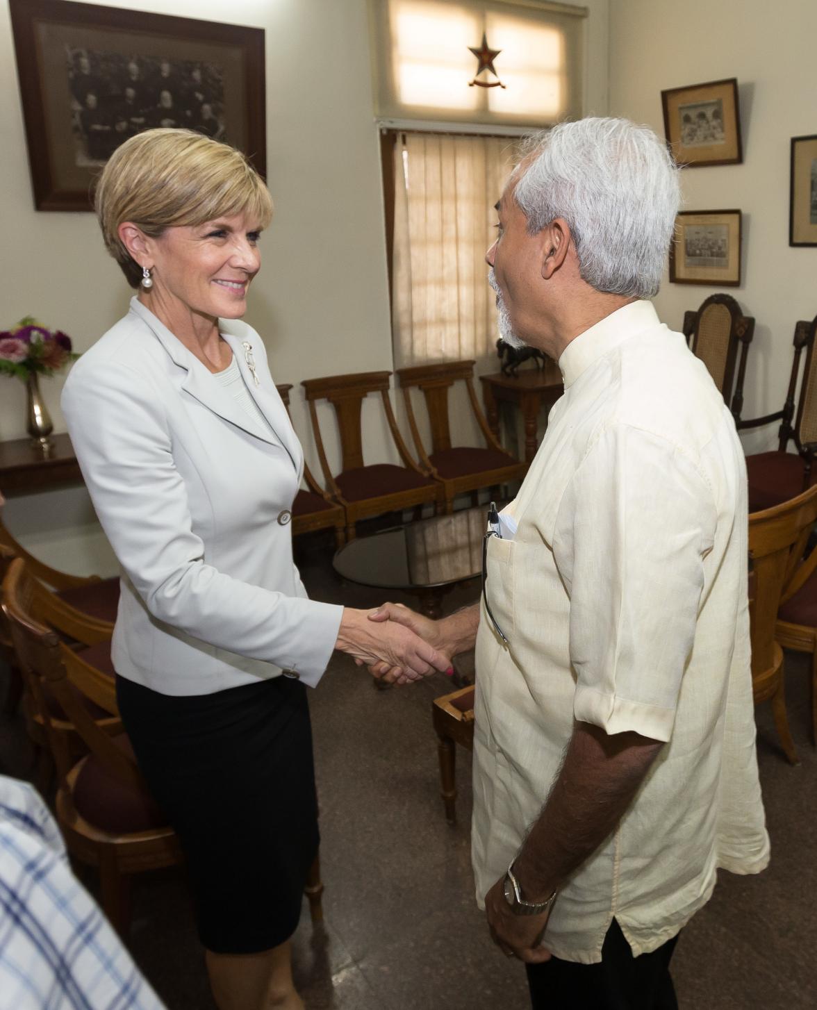 14 April 2015, New Delhi, India;  The Hon. Julie Bishop, Australian Minister for Foreign Affairs with Principal of St. Stephens College at Delhi University, Rev Valson Thampu  before addressing the student body at St Stephen’s College, Delhi University, t