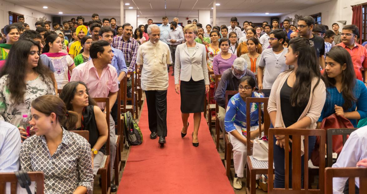 14 April 2015, New Delhi, India;  The Hon. Julie Bishop, Australian Minister for Foreign Affairs with Principal of St. Stephens College at Delhi University, Rev Valson Thampu  before addressing the student body at St Stephen’s College, Delhi University, t