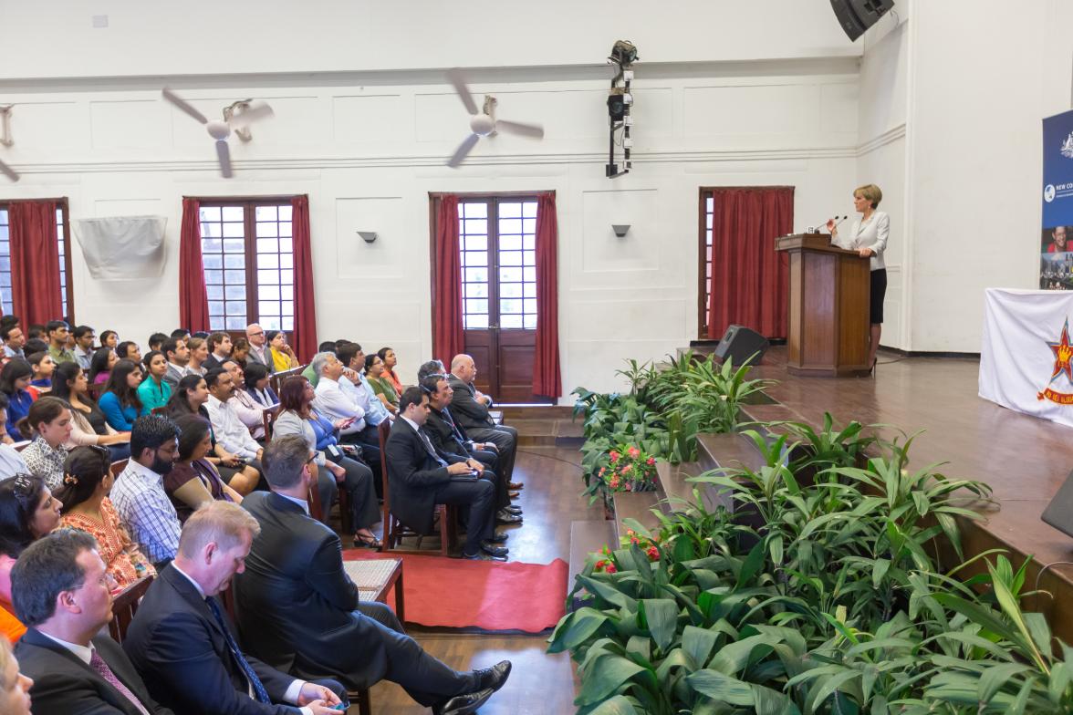 14 April 2015, New Delhi, India;  The Hon. Julie Bishop, Australian Minister for Foreign Affairs addressing the student body at St Stephen’s College, Delhi University, to promote Australian education and the New Colombo Plan during her visit to India to p