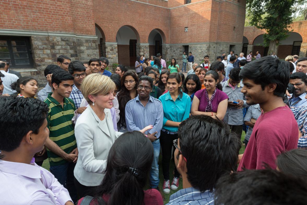 14 April 2015, New Delhi, India;  The Hon. Julie Bishop, Australian Minister for Foreign Affairs mingles with students after addressing the student body at St Stephen’s College, Delhi University, to promote Australian education and the New Colombo Plan du