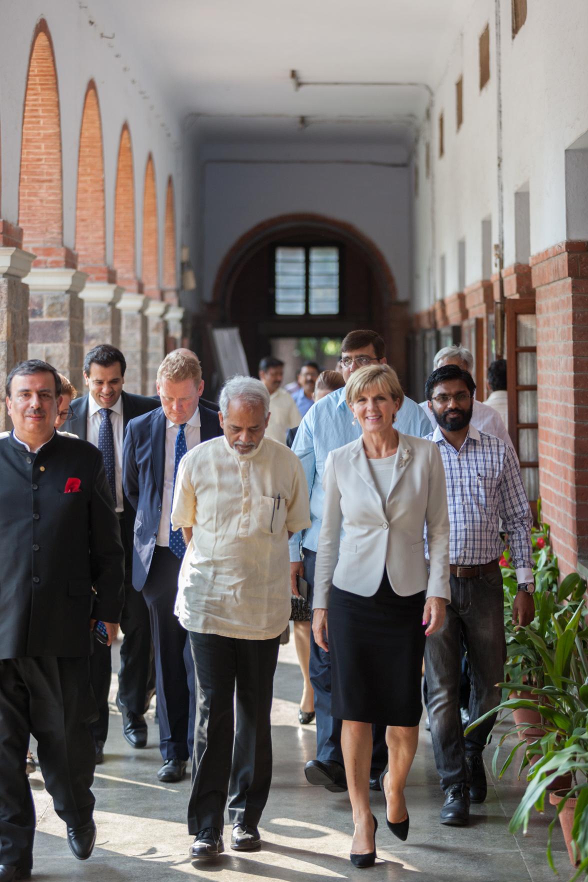 14 April 2015, New Delhi, India;  The Hon. Julie Bishop, Australian Minister for Foreign Affairs with Principal of St. Stephens College at Delhi University, Rev Valson Thampu  before addressing the student body at St Stephen’s College, Delhi University, t