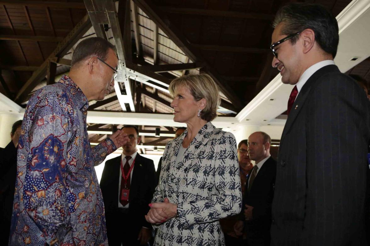 Foreign Minister Julie Bishop meets UN Secretary-General Ban Ki Moon at the sidelines of the United Nations Conference on the Alliance of Civilizations, Bali 28 August 2014. 