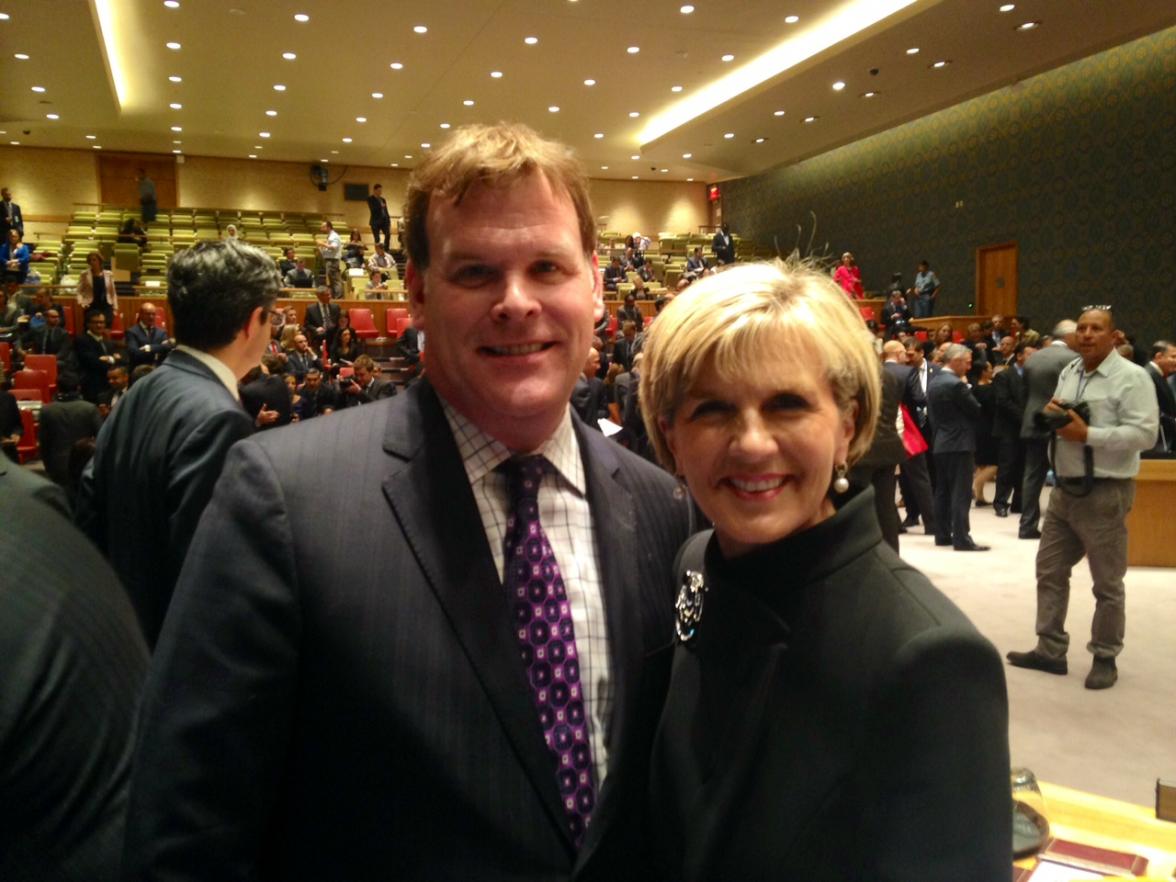 Foreign Minister Julie Bishop with Canadian Foreign Minister John Baird at the United Nations Security Council in New York on 19 September 2014. (Trevor Collens/DFAT)