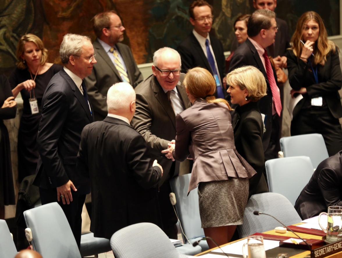 Before a United Nations Security Council meeting on the investigation into the downing of MH17, Foreign Minister Julie Bishop talks with Dutch Foreign Minister Frans Timmermans, United States Ambassador to the UN, Samantha Power and Australian Ambassador 