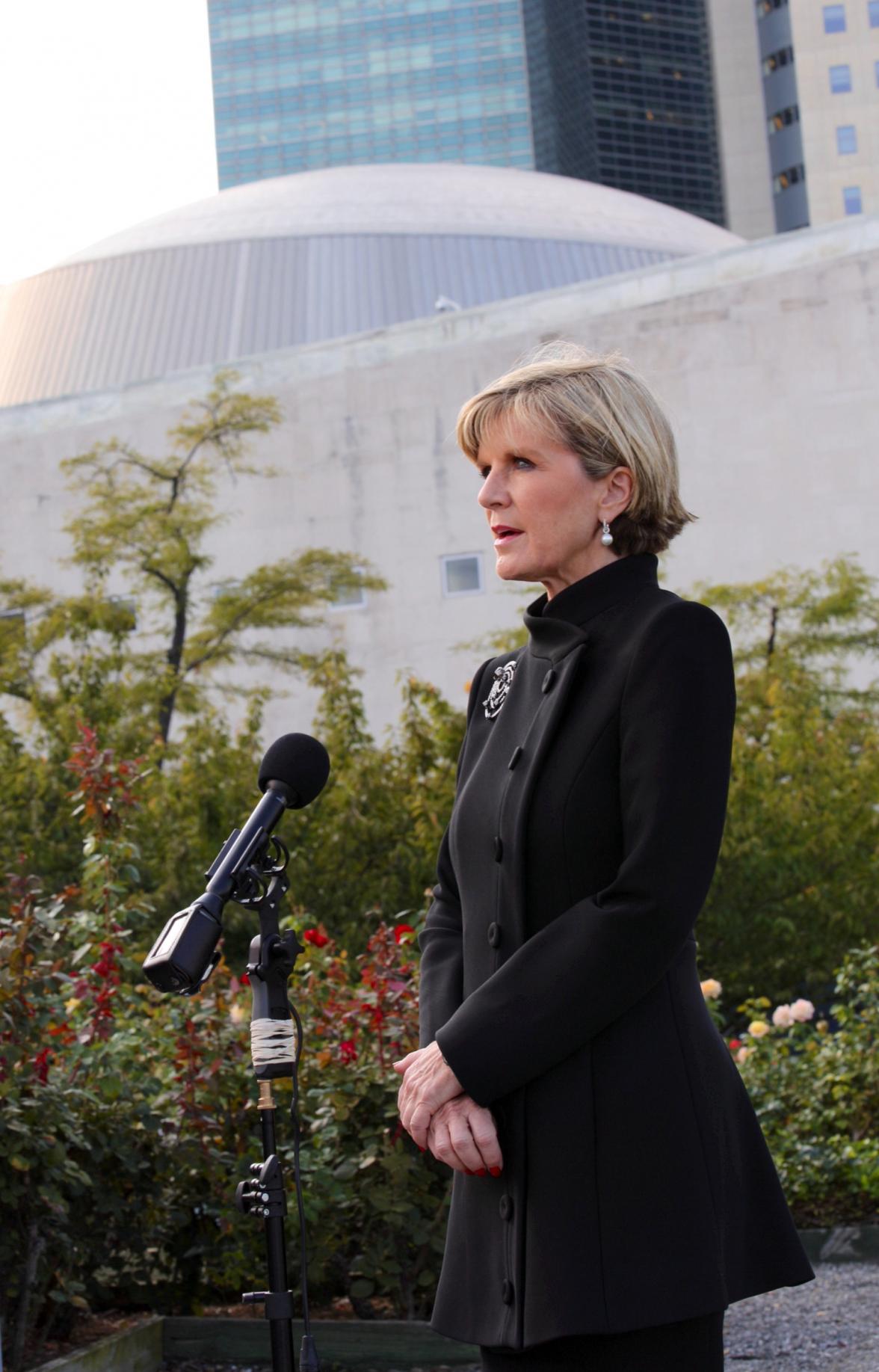 Foreign Minister Julie Bishop speaks to press at the United Nations in New York on 19 September 2014.