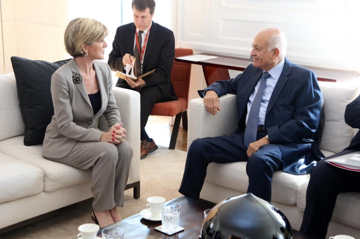 Foreign Minister Julie Bishop meets with H.E. Dr Nabil Elaraby, Secretary-General of the League of Arab States in New York on 20 September, 2014. 