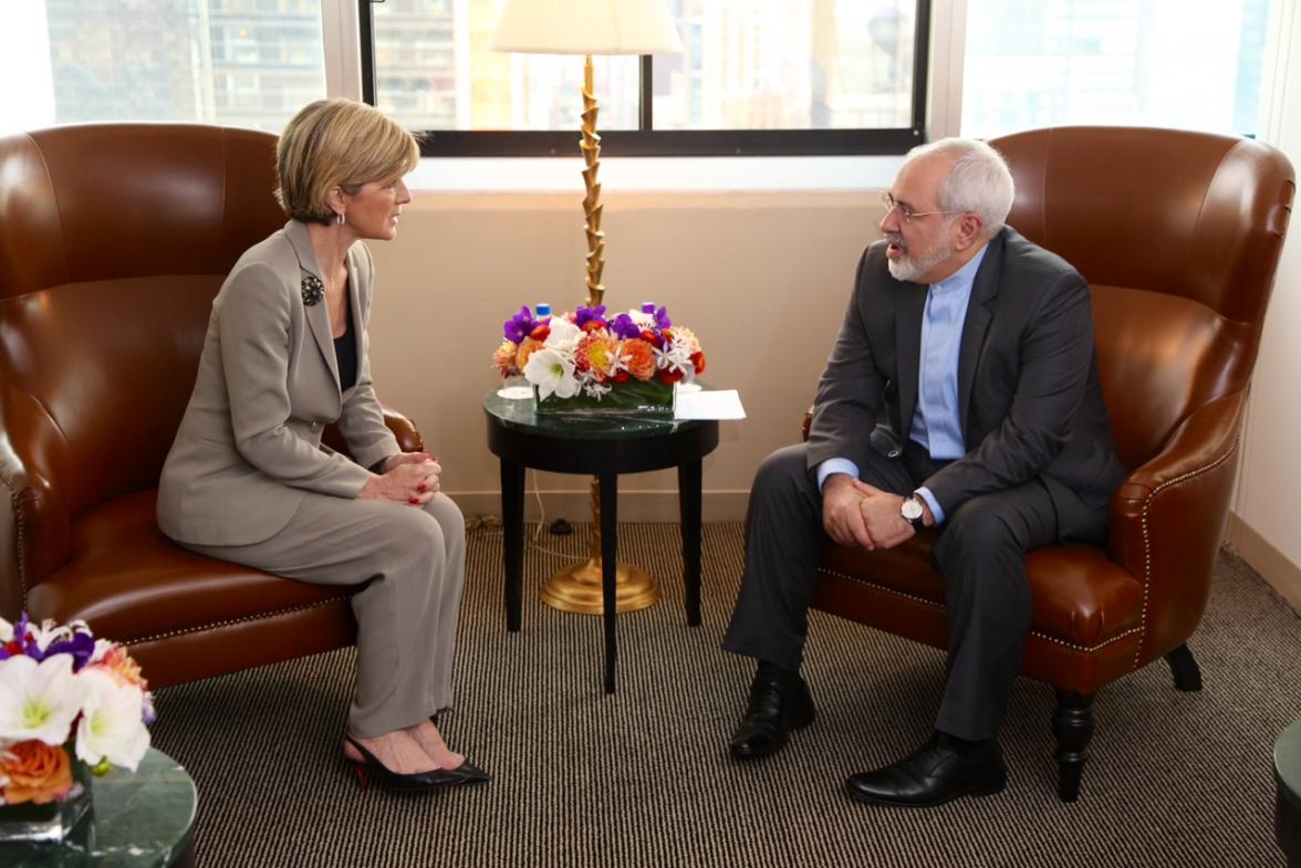 Foreign Minister Julie Bishop meets with H.E. Dr Mohammad Javad Zarif,  Minister for Foreign Affairs of the Islamic Republic of Iran, in New York on 20 September, 2014.