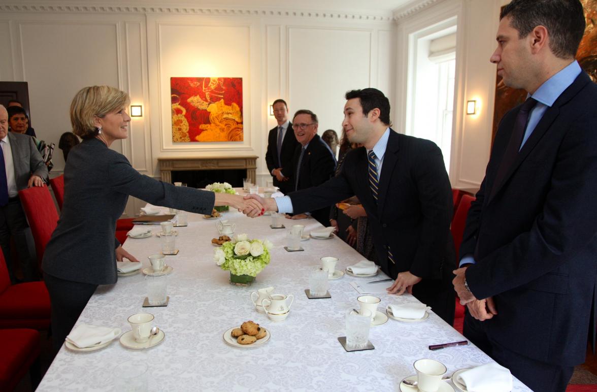 Foreign Minister Julie Bishop meets with Mr Jean-Marie Guéhenno, President of the International Crisis Group in New York. 21 September 2014. (Trevor Collens/DFAT)