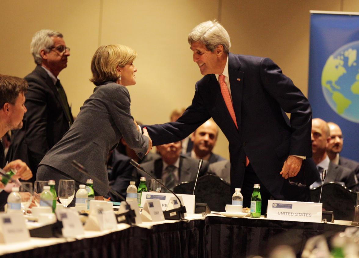 Foreign Minister Julie Bishop greets United States Secretary of State, John Kerry at a meeting of the Major Economies Forum in New York, 21 September, 2014. (Trevor Collens/DFAT). 