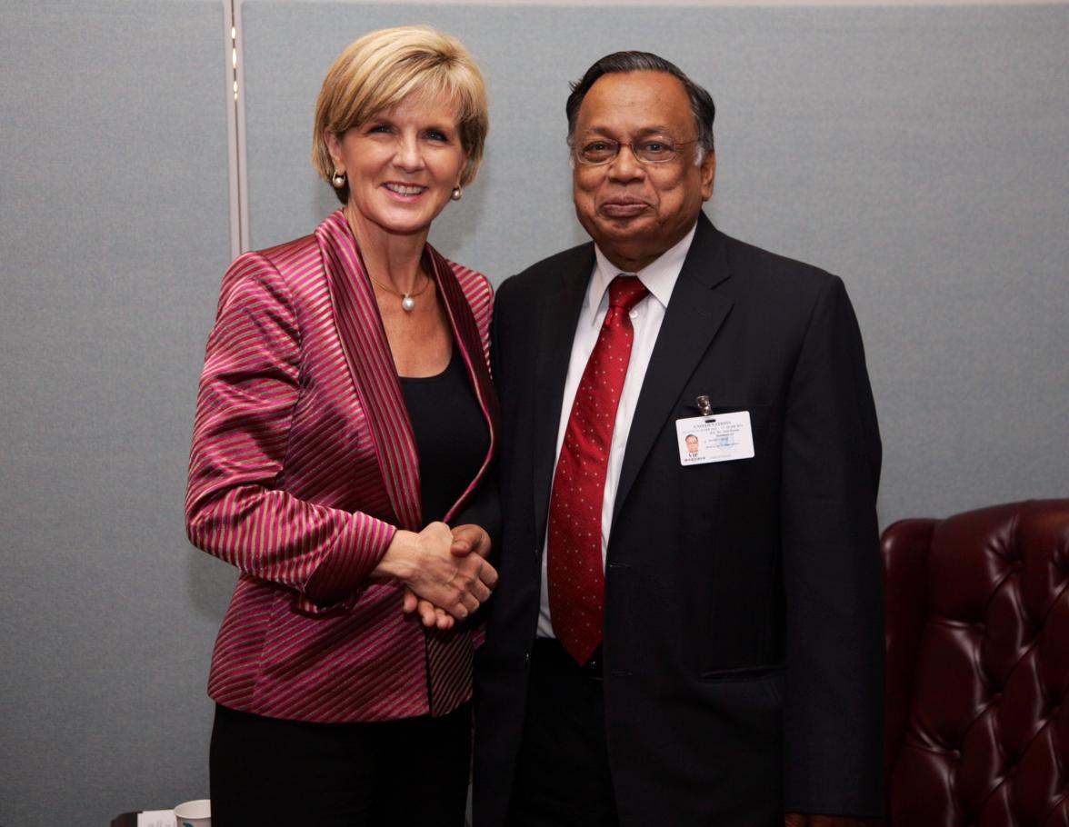 Foreign Minister Julie Bishop meets with HE Mr Abdul Hassan Mahmood Ali, Minister of Foreign Minister of Bangladesh, at the United Nations in New York, on 22 September 2014. (Trevor Collens/DFAT). 