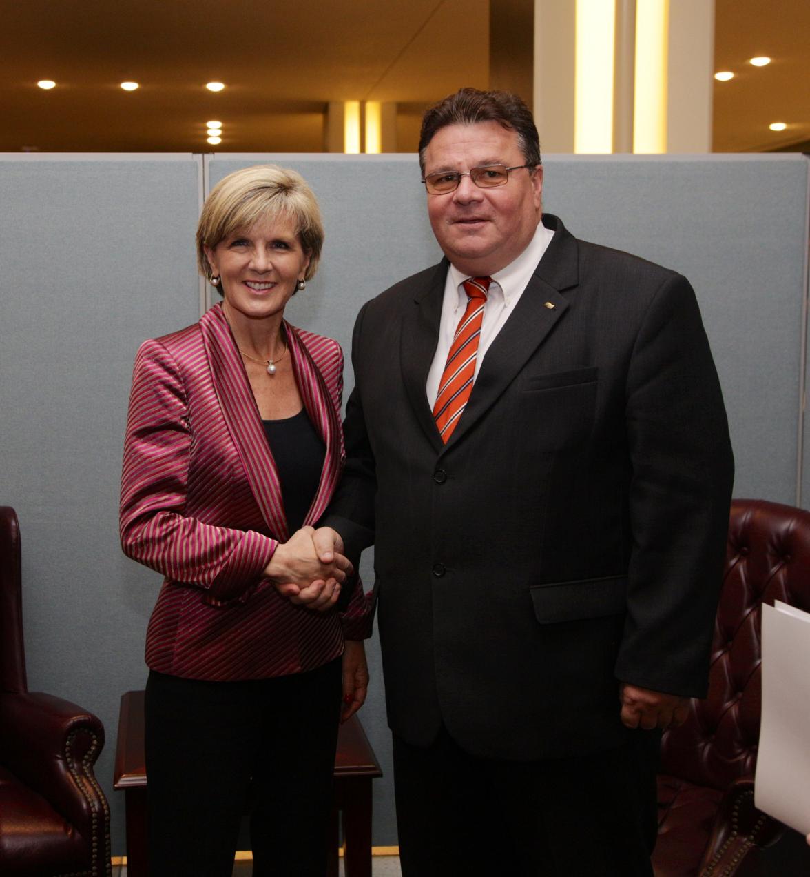 Foreign Minister Julie Bishop meets with HE Mr Linas Linkevicius, Minister of Foreign Affairs of the Republic of Lithuania, at the United Nations in New York, on 22 September 2014. (Trevor Collens/DFAT).