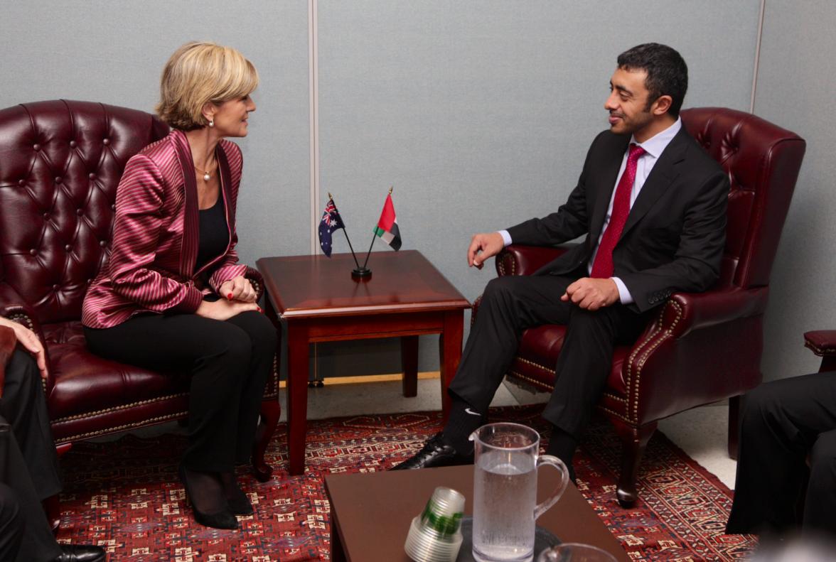 Foreign Minister Julie Bishop meets with HH Sheik  Abdullah bin Zayed Al Nahyan, Foreign Minister of United Arab Emirates, at the United Nations in New York, on 22 September 2014. (Trevor Collens/DFAT).