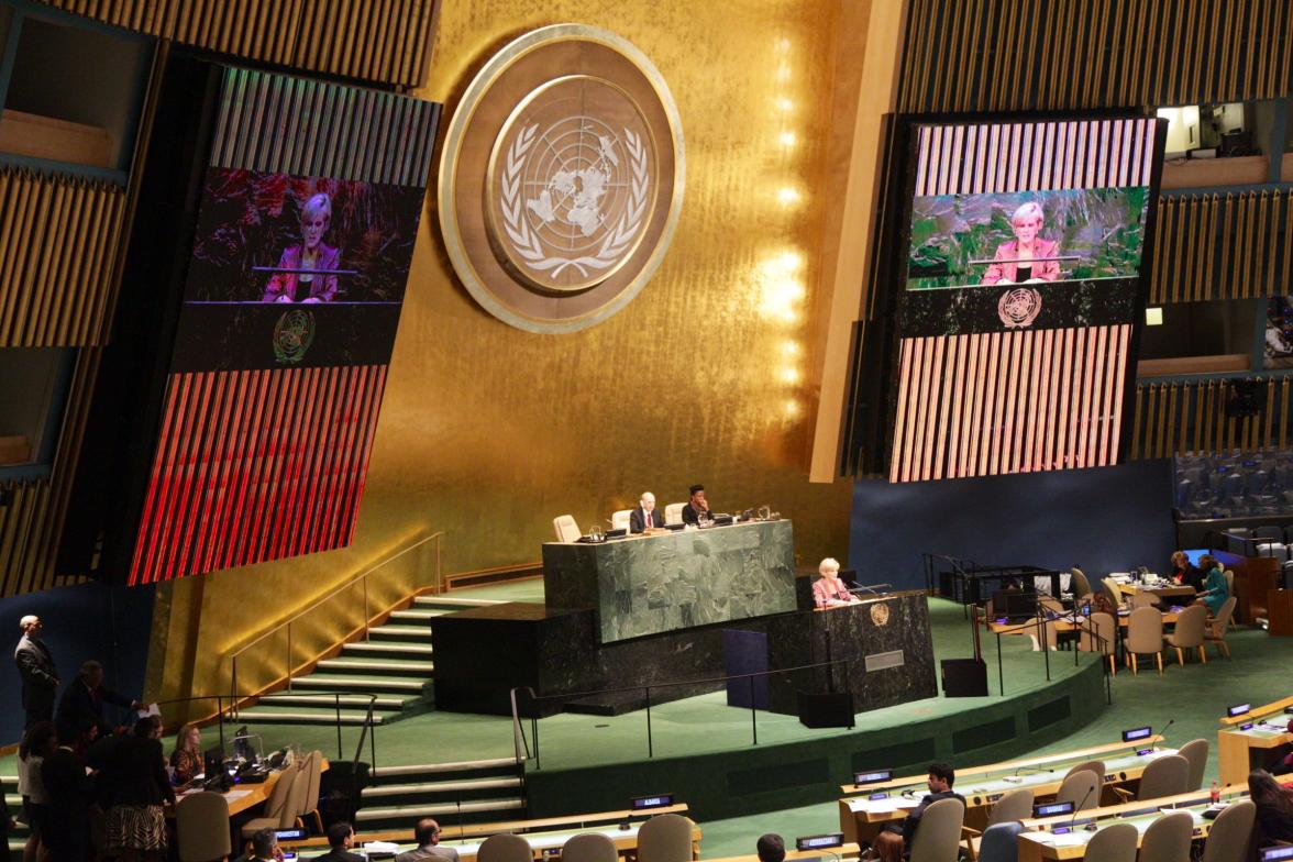 Foreign Minister Julie Bishop speaks in the United Nations General Assembly Hall at the International Conference on Population and Development. New York, 22 September, 2014. (Trevor Collens/DFAT) 