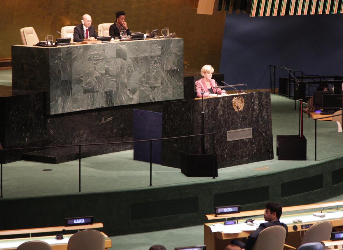 Foreign Minister Julie Bishop speaks in the United Nations General Assembly Hall at the International Conference on Population and Development. New York, 22 September, 2014. (Trevor Collens/DFAT) 