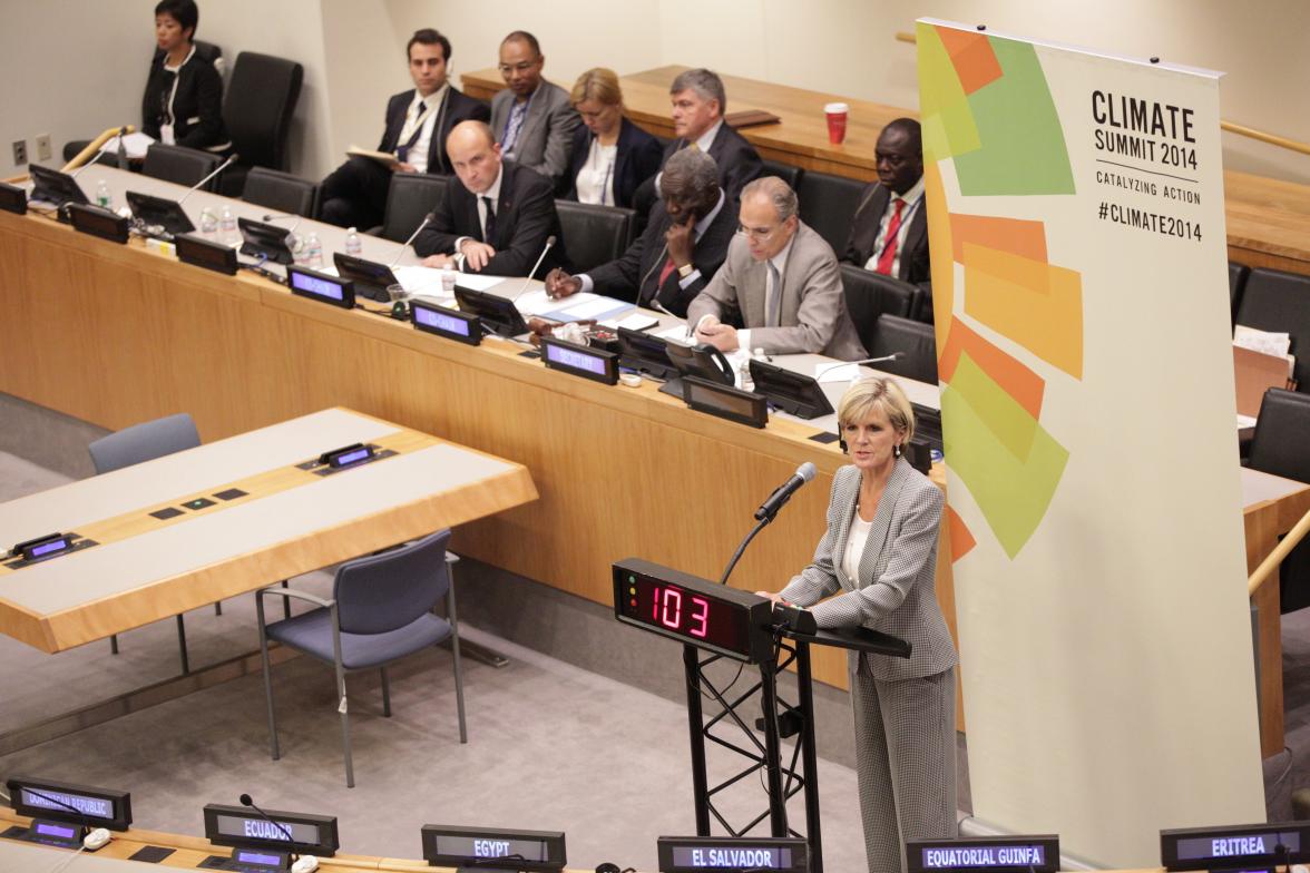 Foreign Minister Julie Bishop speaks at the United Nations Climate Summit in New York.  23 September, 2014. (Trevor Collens/DFAT)