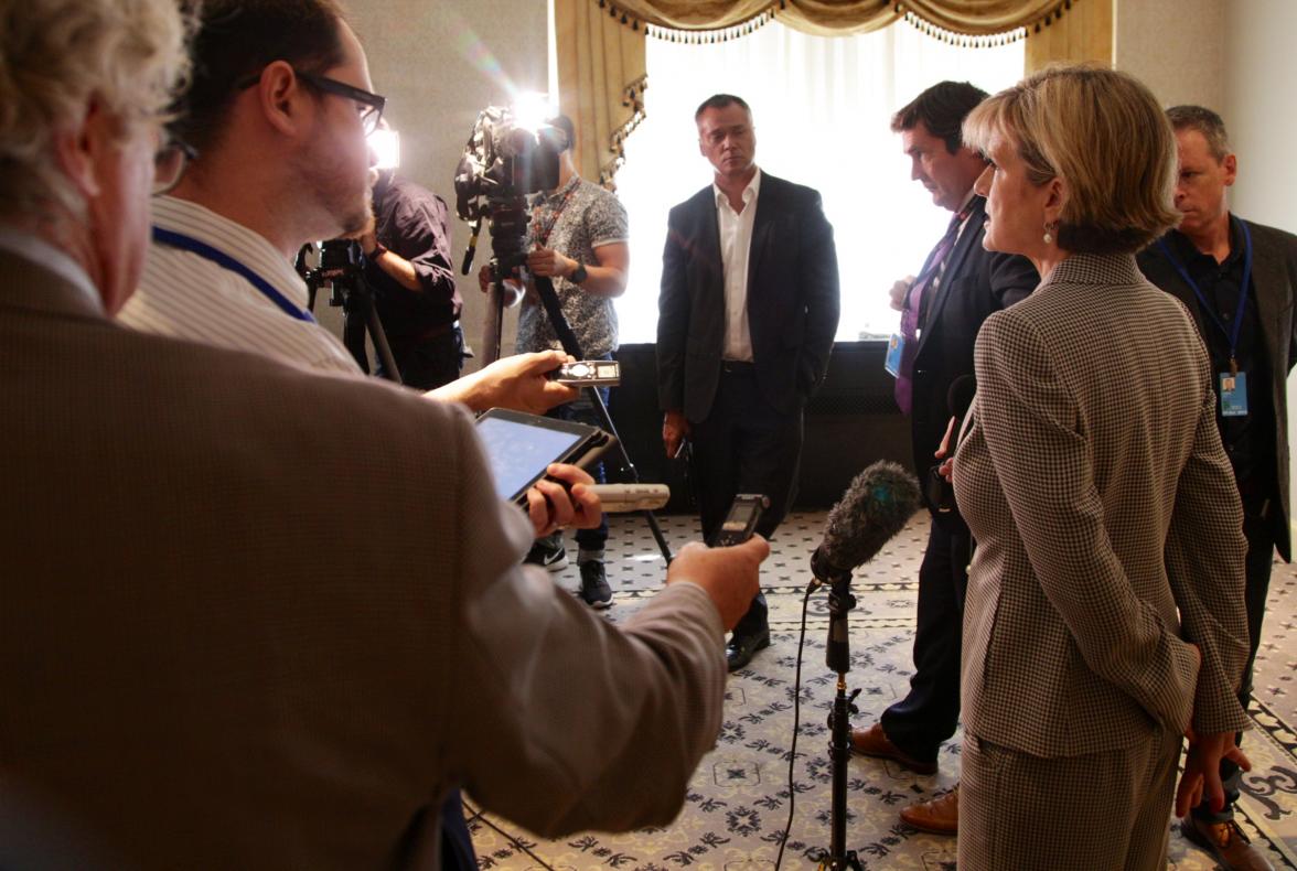 Foreign Minister Julie Bishop speaks with Australian press following a meeting of the Global Counter-Terrorism Forum in New York. 23 September, 2014. (Trevor Collens/DFAT)