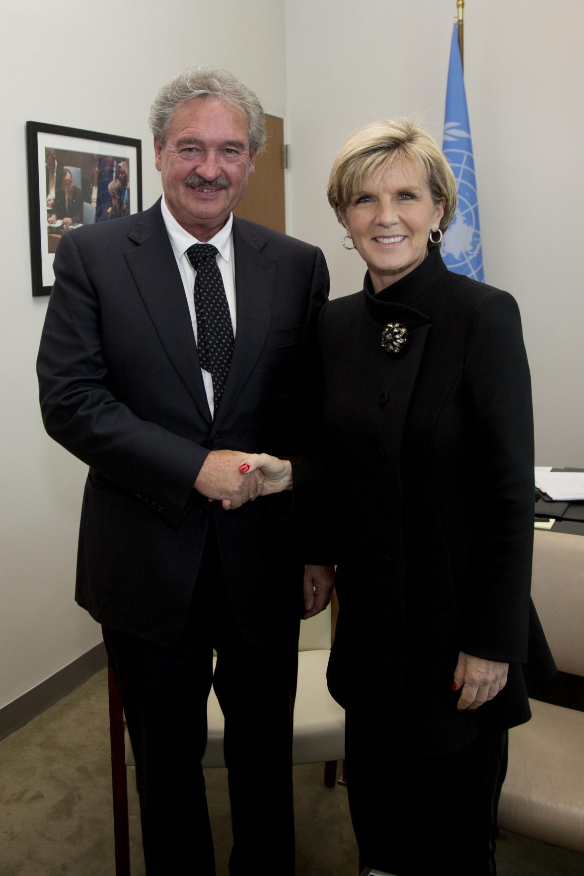 Foreign Minister Julie Bishop meets with her Luxembourg counterpart, Jean Asselborn, at the United Nations in New York, 19 November 2014 (DFAT/Trevor Collens)