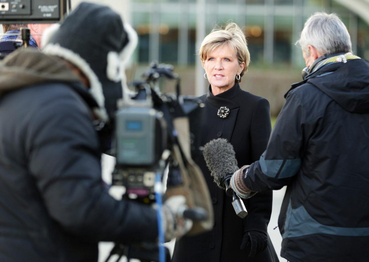 Foreign Minister Julie Bishop speaks to Australian press between meetings in New York, 19 November 2014. (Credit: DFAT/Trevor Collens)