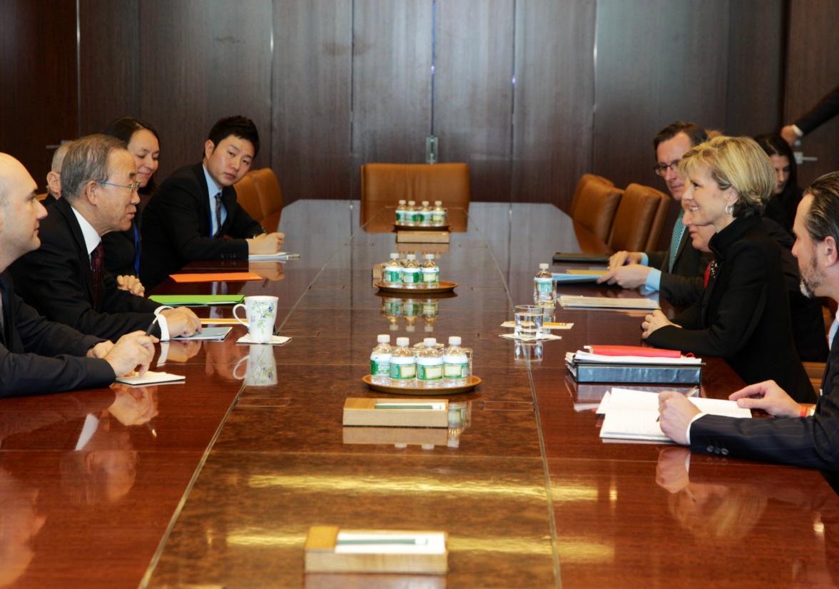 Foreign Minister Julie Bishop meets with United Nations Secretary-General Ban Ki-moon and senior officials in New York, 19 November 2014. (DFAT/Trevor Collens)