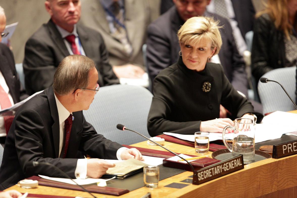 Foreign Minister Julie Bishop with United Nations Secretary-General Ban Ki-moon at a United Nations United Nations Security Council meeting on counter-terrorism in New York, 19 November, 2014. (Credit: DFAT/Trevor Collens)