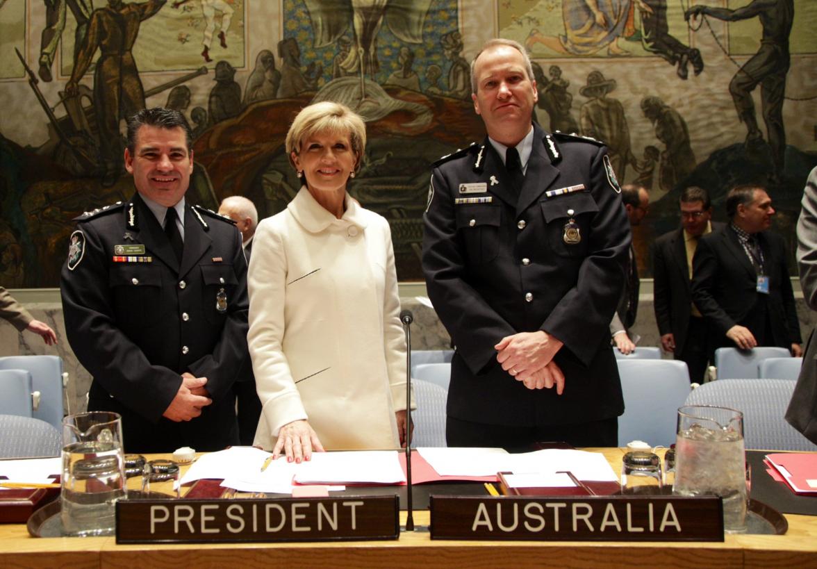 Foreign Minister Julie Bishop with Assistant Commissioner Ian McCartney and Commander David Sharpe of the Australian Federal Police before the United Nations Security Council debate on police in UN peacekeeping operations, 20 November, 2014 (DFAT/Trevor C