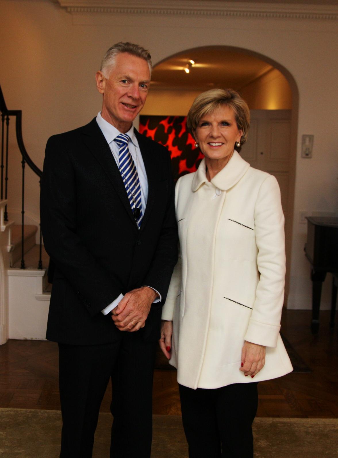 Foreign Minister Julie Bishop meets with United Nations Under-Secretary-General for Safety and Security, Peter Drennan - the first Australian to be appointed an Under-Secretary-General - in New York, 20 November, 2014 (DFAT/Trevor Collens)