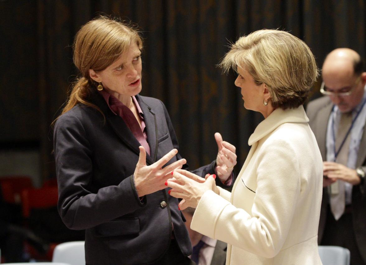 Foreign Minister Julie Bishop talks with United States Ambassador to the United Nations, Samantha Power, in the United Nations Security Council, 20 November, 2014. (DFAT/Trevor Collens)