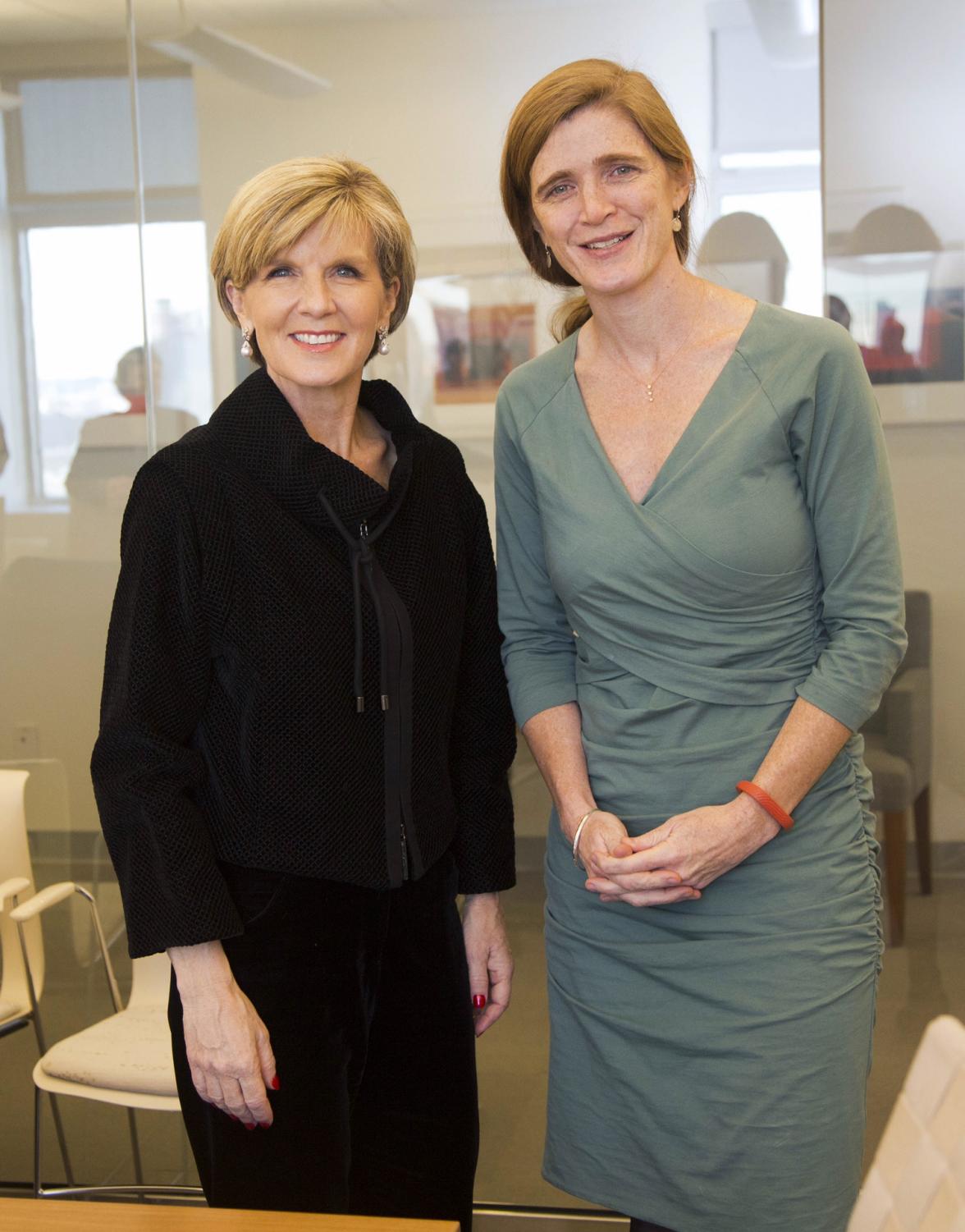 Foreign Minister Julie Bishop meets wtih US Ambassador to the United Nations, Samantha Power, in New York, 21 November 2014. (DFAT/Trevor Collens)