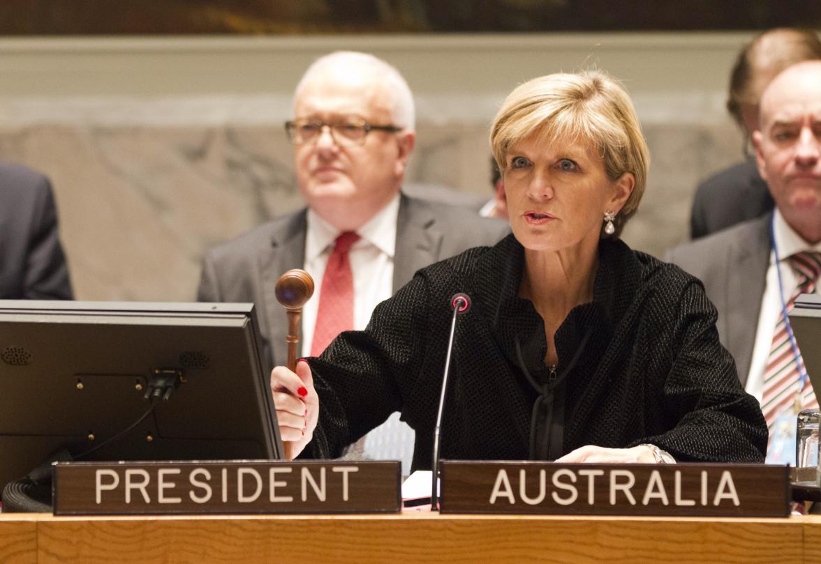 Foreign Minister Julie Bishop, presiding over the United Nations Security Council meeting on the global response to the Ebola crisis, calls the meeting to order. 21 November 2014 (DFAT/Trevor Collens)